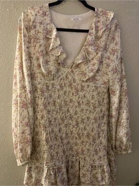 Floral Ruffle Long-Sleeve Peasant Dress - Cream with Pink Floral